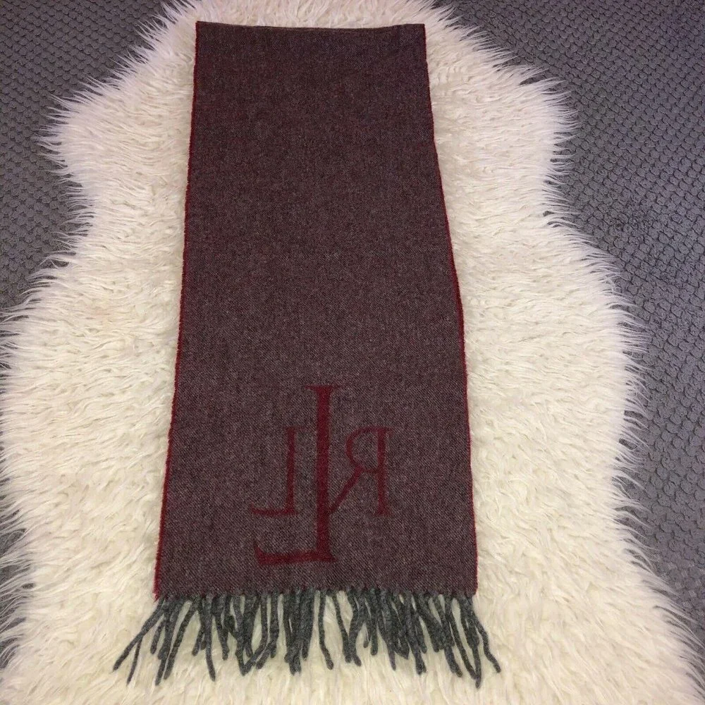 Lauren RALPH LAUREN Wool Red Gray 100% Virgin Lambswool Fringe Logo Italy
